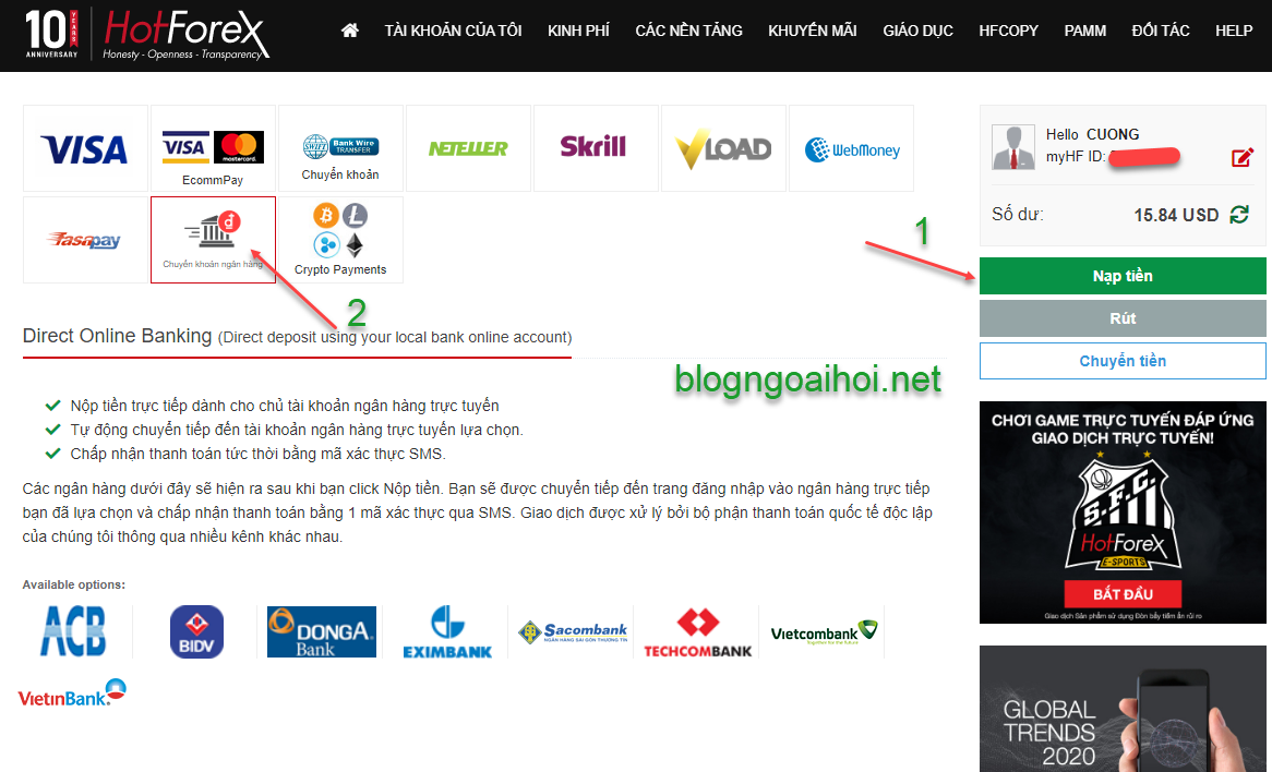 Hướng dẫn nạp rút tiền Hotforex qua internet banking - Techcombank
