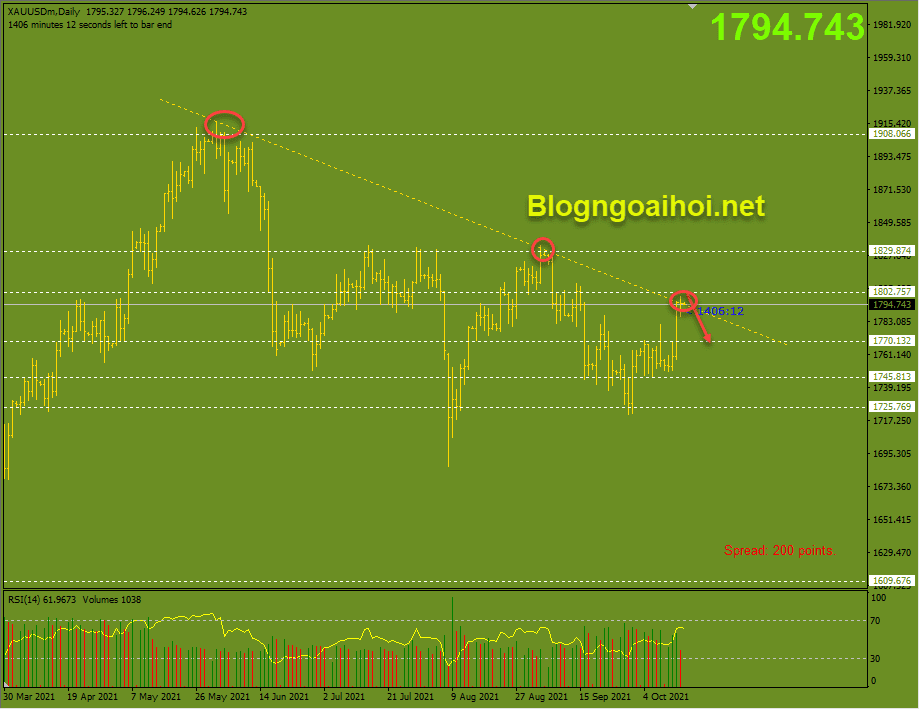 Vàng 15/10-trendline giảm