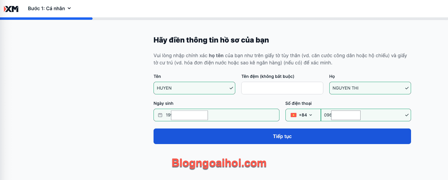 Điền thông tin cá nhân ở Sàn XM